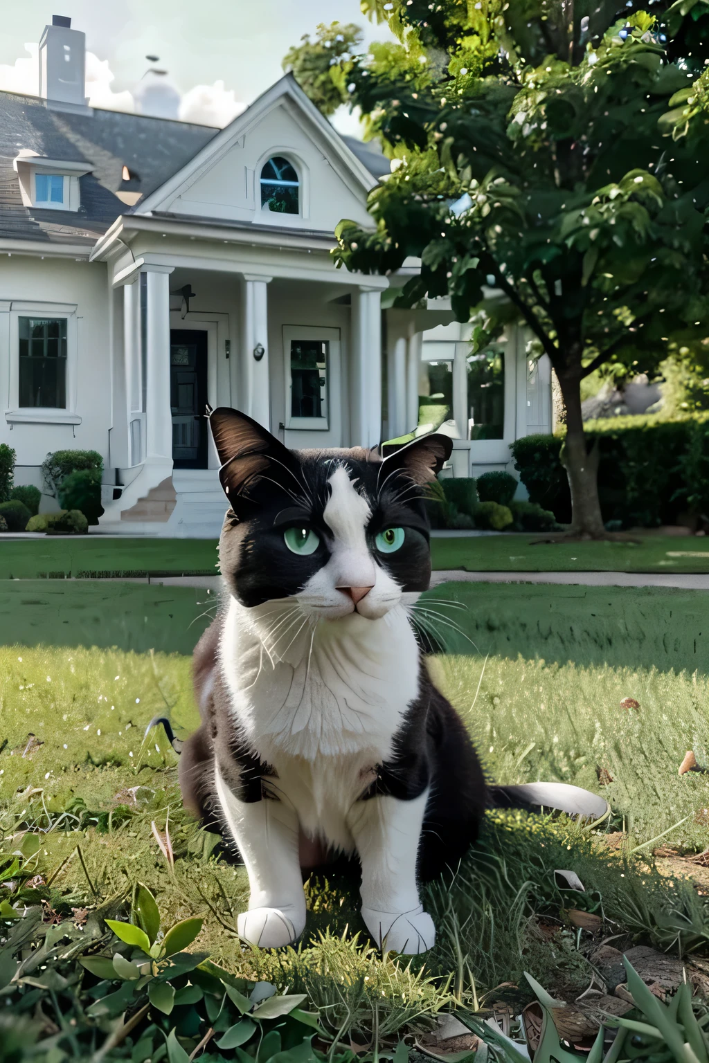 Photorealistic image of a black and white cat with green eyes in a green lawn in the background in front of a LIGHT GRAY house