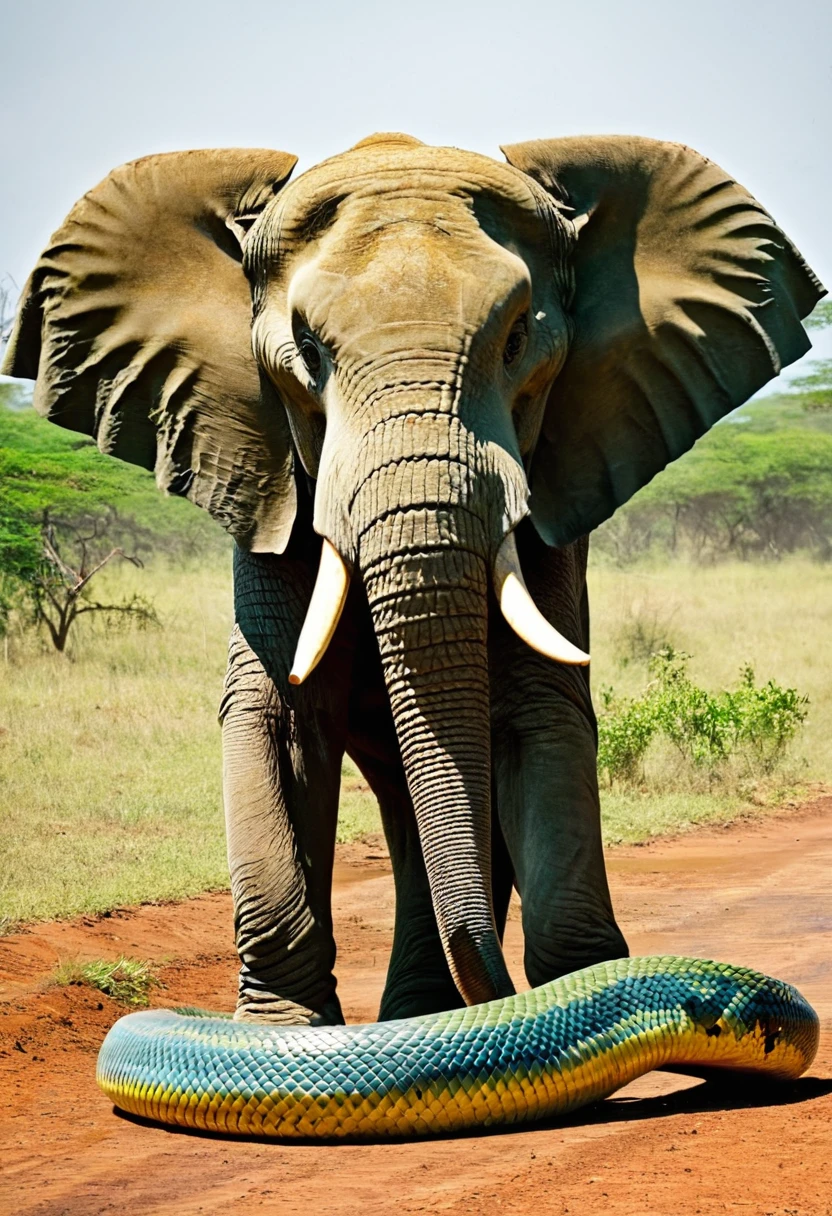 The most biggest snake ever swallowing a huge monster (elephant or something else).