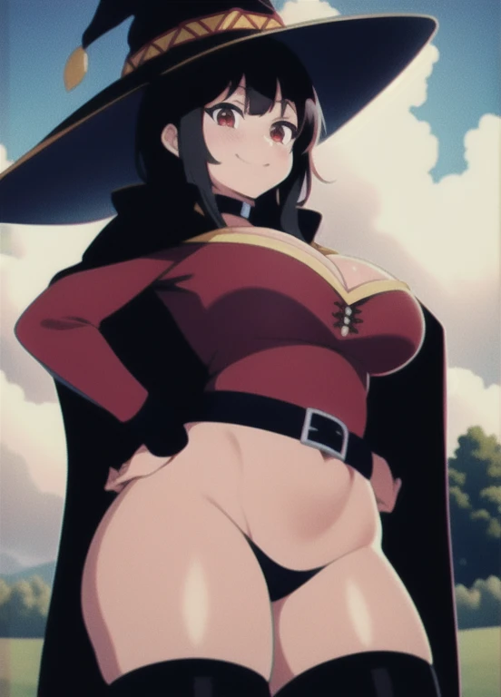 ((masterpiece)), (best quality:1.7), (detailed:1.4), (high res:1.4), 8k, (colorful:1.5), 2d, high resolution, sharped image, 4k, hd, megumin_konosuba, 1girl, (((solo))), ((black hair)), black thighhighs, wicth, witch hat, brown belt, red eyes, red dress, cowboy shot, smile, natural breasts, huge breasts, huge ass, huge thighs, narrow waist, wide hips, thick thighs, curvy, (((cape))), peace symbol, long sleeves, (cleavage), legs, long legs, school, ((field)), sun, sky, clouds, spread legs, ((looking at viewer)), (((two arms))), (((two hands))), choker, ((black cape)), ((((hands on own hips)))), belt, particles, cinematic lights, blush, surprised,