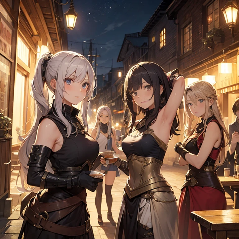 A group of female medieval fantasy adventurers, (in tavern), various hair styles, harem, night, details face, seducing, sleeveless, armor, armpits