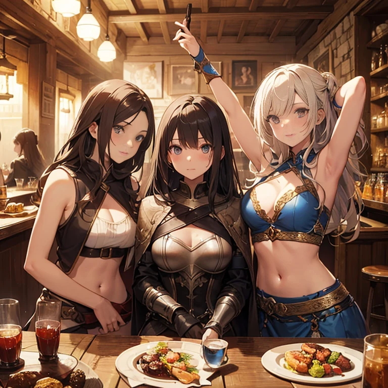 A group of female medieval fantasy adventurers, (in tavern), various hair styles, harem, night, details face, seducing, sleeveless, armor, armpits