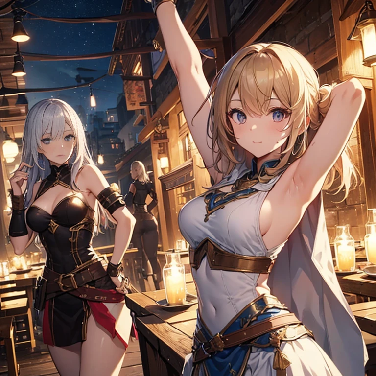 A group of female medieval fantasy adventurers, (in bar), various hair styles, harem, night, details face, short skirt, seducing, sleeveless, armor