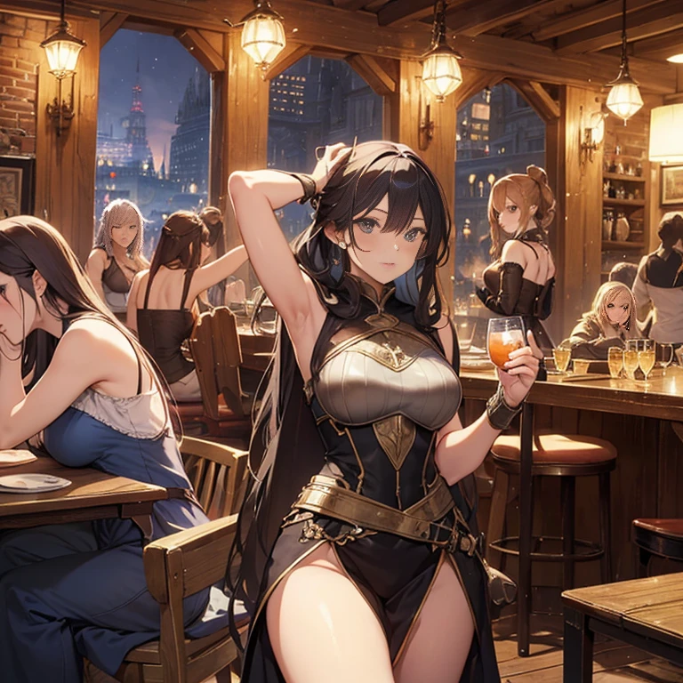 A group of female medieval fantasy adventurers, (in tavern), various hair styles, harem, night, details face, seducing, sleeveless, armor, armpits, medieval style clothing