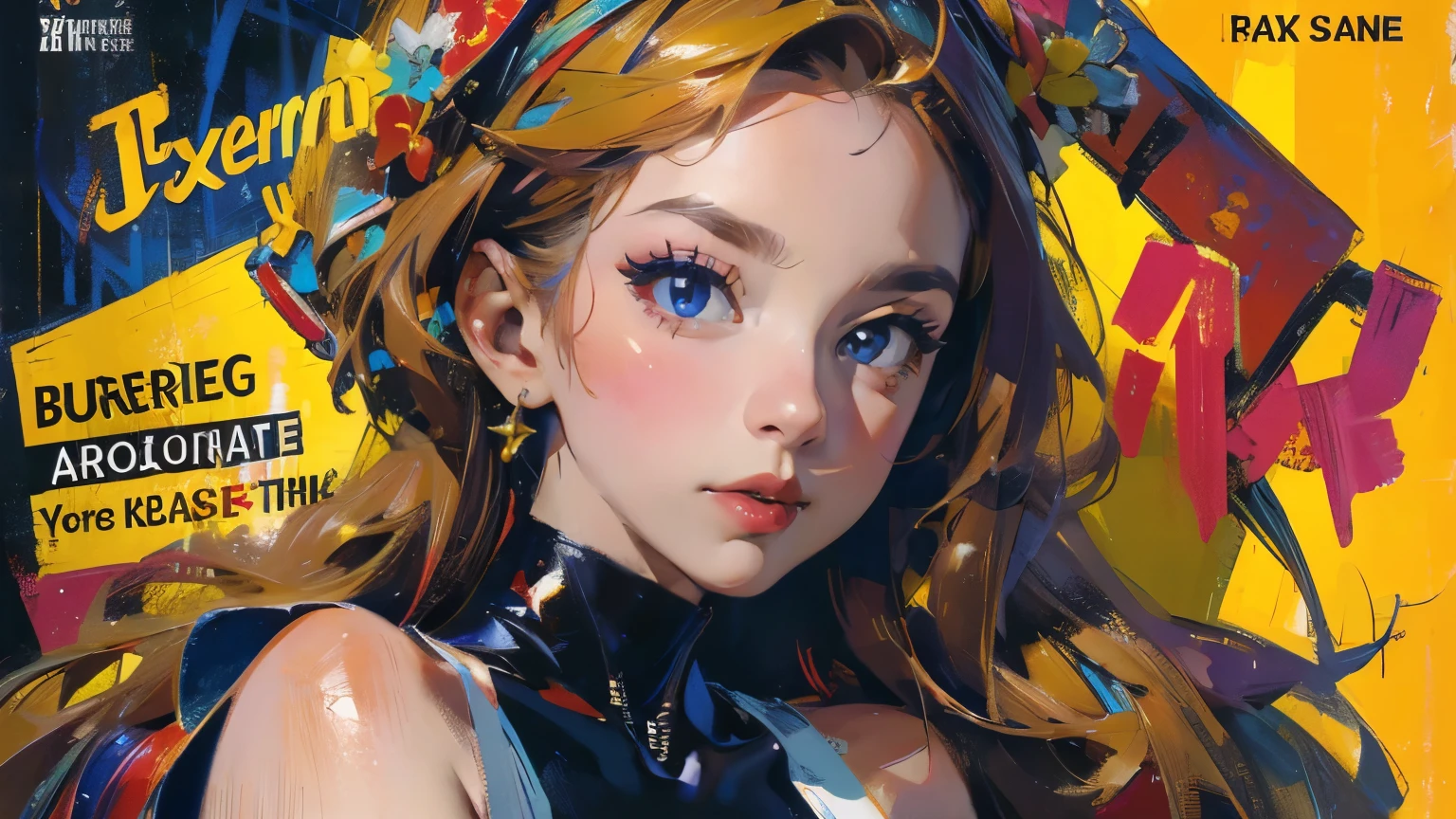 masterpiece:1.2, best quality), (magazine cover), (colorful Magazine cover with lots of text), brilliant colorful paintings, Comic cover style, (best quality, highres:1.2), 1girl, beautiful detailed eyes, beautiful detailed lips, extremely detailed eyes and face, long eyelashes, medium:oil painting, vivid colors, HDR, studio lighting, ultra-fine painting, sharp focus, physically-based rendering, extreme detail description, portraitig breasts, perfect shape, showing armpit, facing viewer, sweaty, gorgeous, arms up, sleeveless latex bodysuit, magazine cover, (highly detailed:1.2)