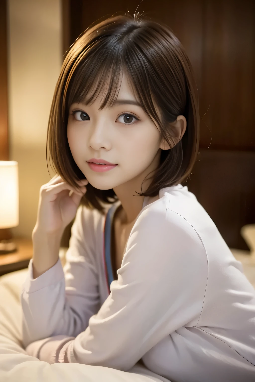 Japanese cute 21 year old、bedroom、pajamas、Attention to detail、double eyelid、Beautiful thin nose、sharp focus:1.2、beautiful woman:1.4、(light brown hair、short hair、)、pure white skin、highest quality、masterpiece、 超High resolution、(Photoreal:1.4)、High resolution、nice smile、Show your whole body、可愛いpajamas、