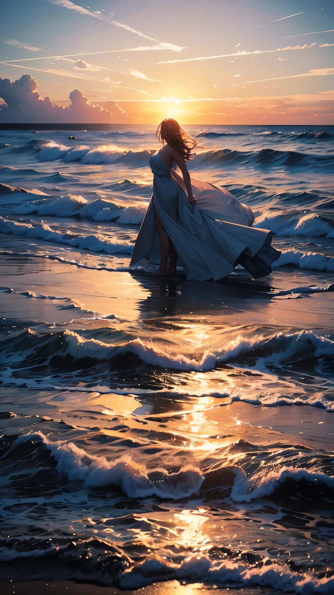 a true masterpiece depicting peace, all dreams, a woman on the beach, windy, silhouette, cinematic,hope, gorgeous lighting, contemplative, elegant, beautiful sea water, majestic sky,