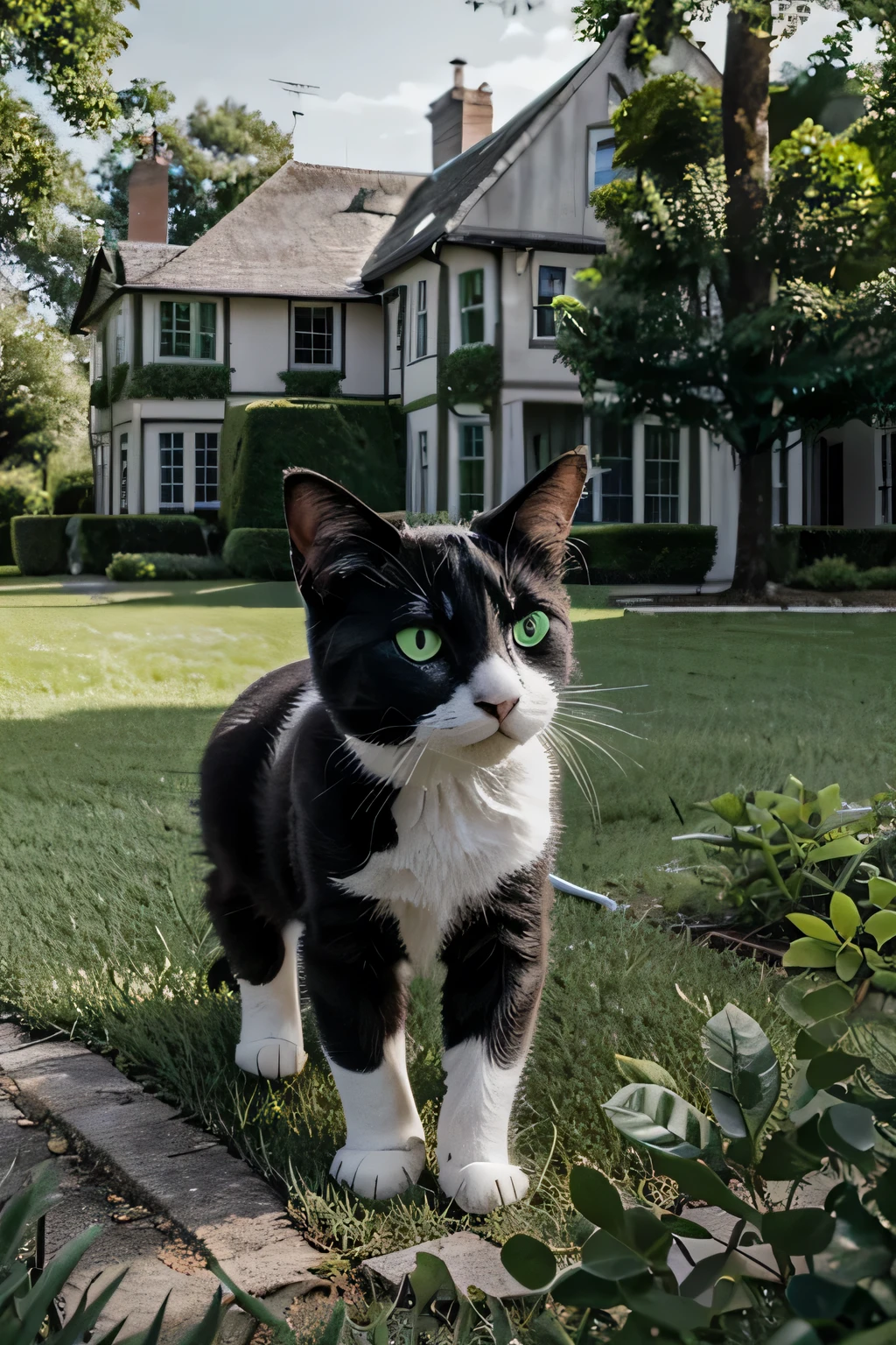 Photorealistic image of a black and white cat with green eyes in a green lawn in front of a LIGHT GRAY COUNTRY HOUSE