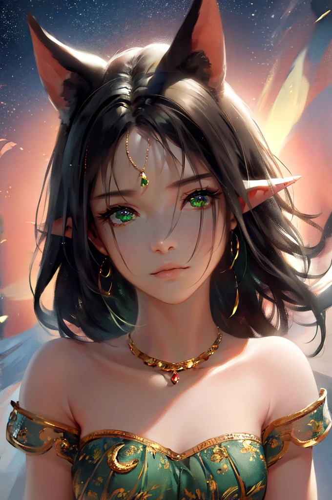 2D, (Best quality, masterpiece, Beauty, tenderness), anime, Highly detailed face, very detailed eyes, very detailed background, perfect lighting, whole body, 1 girl, One, Cat's ears, ears are not visible, space, Earth \(planet\), платье space, green eyes, Finely detailed eyes, ears covered with hair