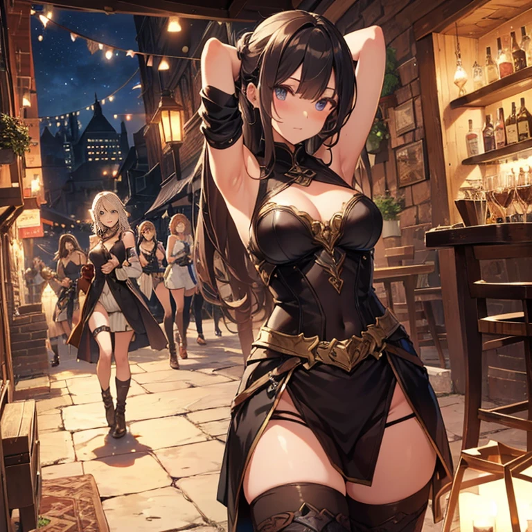 A group of  female medieval fantasy adventurers, (in tavern), various hair styles, harem, night, details face, seducing, sleeveless, armor, armpits, 