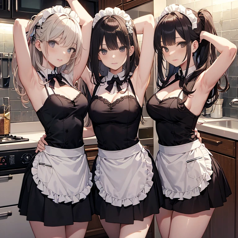 A group of  maids, (in kitchen), various hair styles, harem, wearing maid clothes, night, details face, short skirt, seducing, sleeveless, armpits 