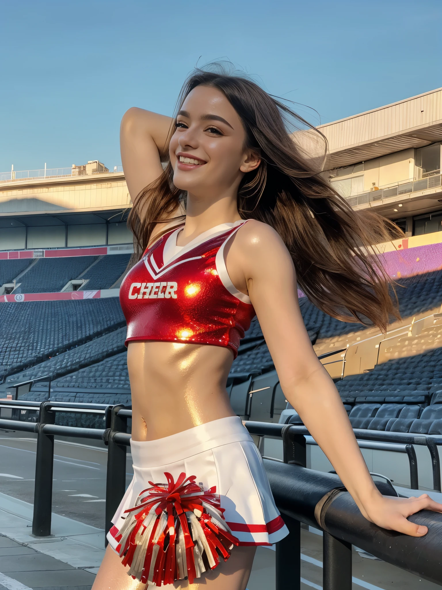 cute Dasha, full body Photo, ((Best Quality, 8k, photo realistic:1.4, Masterpiece)), back Lighting, highly detailed facial textures women, yo, (((shiny Cheerleader:1.2))), ((Stadium Background: 1.2)), arm up, ultra-detailed skin, beautiful make up, detailed eyes, smile, open mouth, shiny black messy short hairstyles,