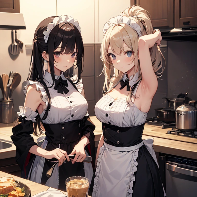 A group of maids, (in kitchen), various hair styles, harem, wearing maid clothes, night, details face, short skirt, seducing, sleeveless, armpits