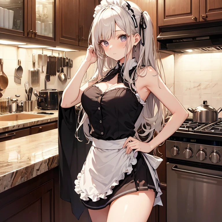 A group of  maids, (in kitchen), various hair styles, harem, wearing maid clothes, night, details face, short skirt, seducing, sleeveless, armpits 