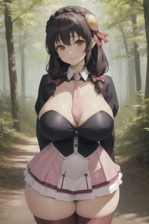 (masterpiece, best quality:1.2), solo, 1girl, yunyun, smile, looking at viewer, arms behind back, crown braid, hair ornament, hair bow, pink necktie, long sleeves, pink skirt, thighhighs, natural breasts, huge breasts, huge ass, huge thighs, narrow waist, wide hips, thick thighs, curvy, cleavage, outdoors, forest