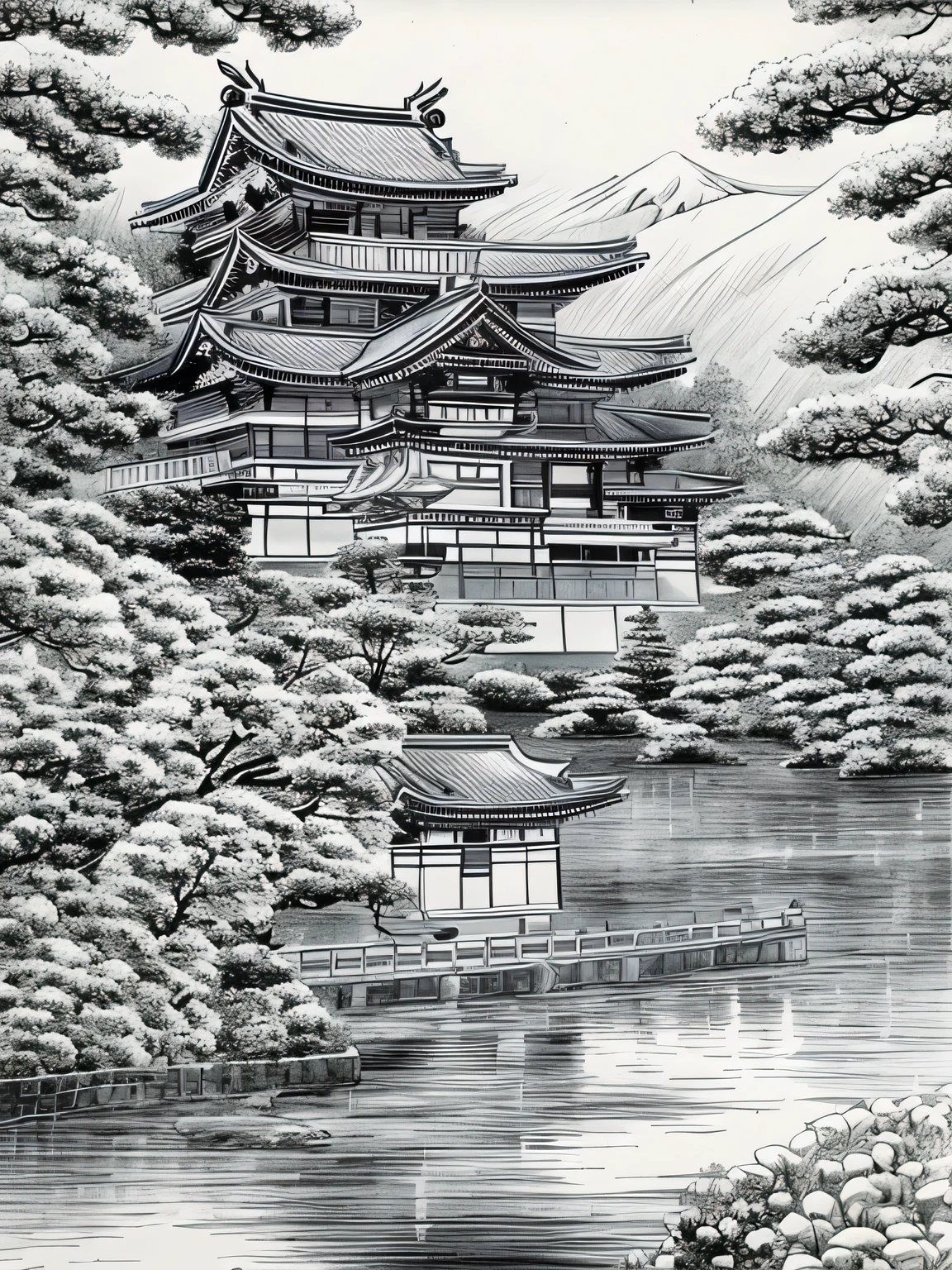 ((Kinkakuji Temple、Japanese temple on the lake, Draw a picture with a pencil sketch，Flat black and white sketch，Realistic sketch))，(highest quality, master piece:1,1), The best improvisation, sensitivity, Detail view, grotesque, intricate details, horrifying, (aesthetics), surreal, insanely detailed,