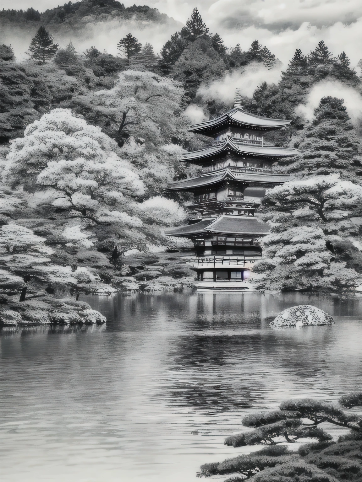 ((Kinkakuji Temple、Japanese temple on the lake, Draw a picture with a pencil sketch,Flat black and white sketch,Realistic sketch)),(highest quality, master piece:1,1), The best improvisation, sensitivity, Detail view, grotesque, intricate details, horrifying, (aesthetics), surreal, insanely detailed,