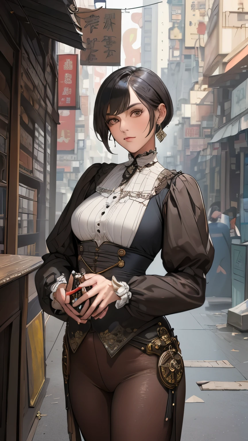 (masterpiece:1.3), (disorganized:1.3), (highest quality:1.3),(perfect anatomy),detailed face,Steam punk,Victorian era,Hong kong,Kowloon ruins,horizontal angle,hands,(looking at viewer), (Super detailed:1.3),(best shadow:0.7), solo,1 middle aged woman,saggy small breast,(treated hair), pixie cut,fine eyes, beautiful eyes, 1 middle aged woman, ((saggy small breast)),photographer,alone, standing, crystal earrings,closed_mouth, holding antique camera, rest outdoors, intimidating pose,cowboy shot