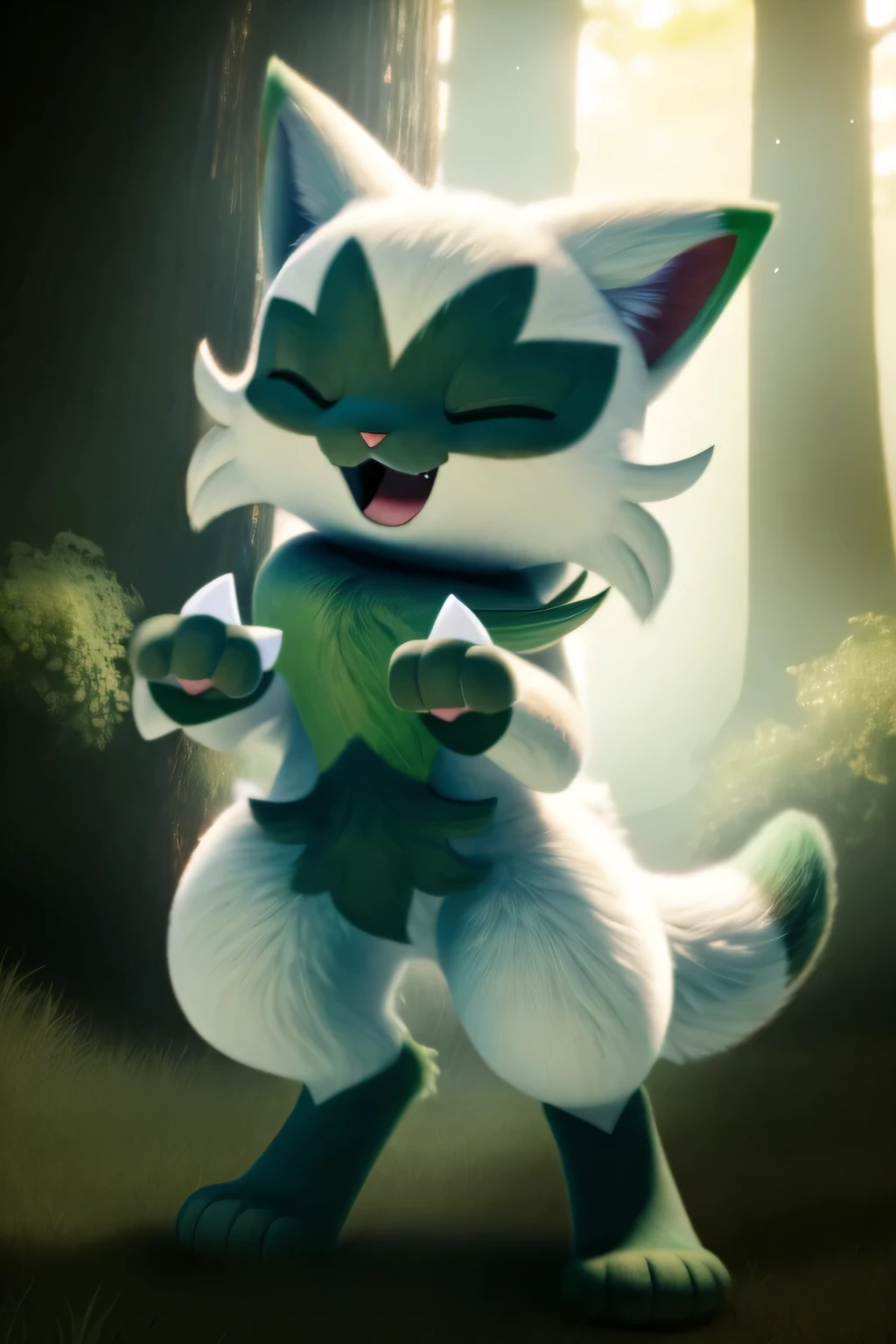 Floragato, furry pokemon, cat, feet, only, (Body fur:1.2), (Best quality), (Detailed fluffy fur:1.1), closed eyes, Animal hands, tail, eyes closed, smiling, background of forests, shiny, laughing, female, solo