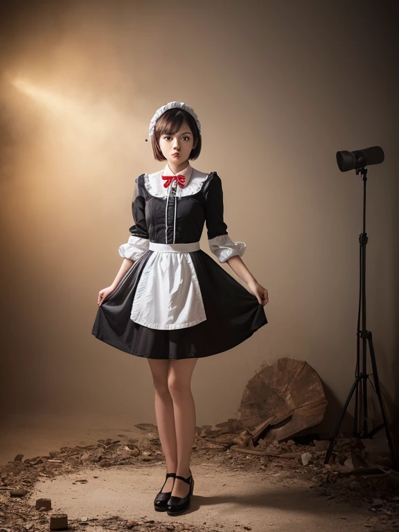 full-body shoot photography. an Indonesian woman with a round face, short hair, 20 years old, wearing maid and shoess. standing pose, fantasy background. hyperrealistic photography, RAW, cinematic style, turned to the camera,