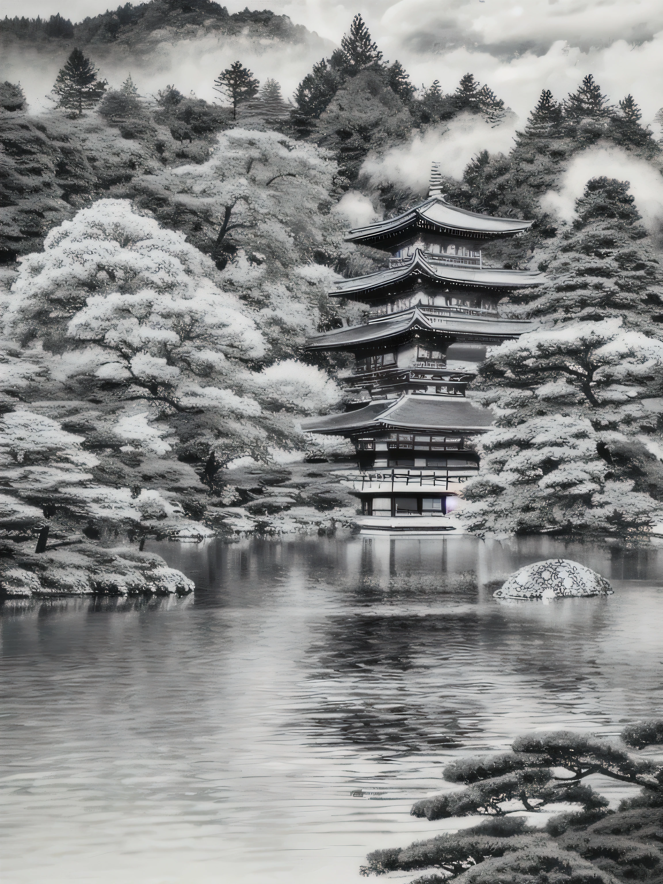 ((Kinkakuji Temple、Japanese temple on the lake, Draw a picture with a pencil sketch,Flat black and white sketch,Realistic sketch)),(highest quality, master piece:1,1), The best improvisation, sensitivity, Detail view, grotesque, intricate details, horrifying, (aesthetics), surreal, insanely detailed,