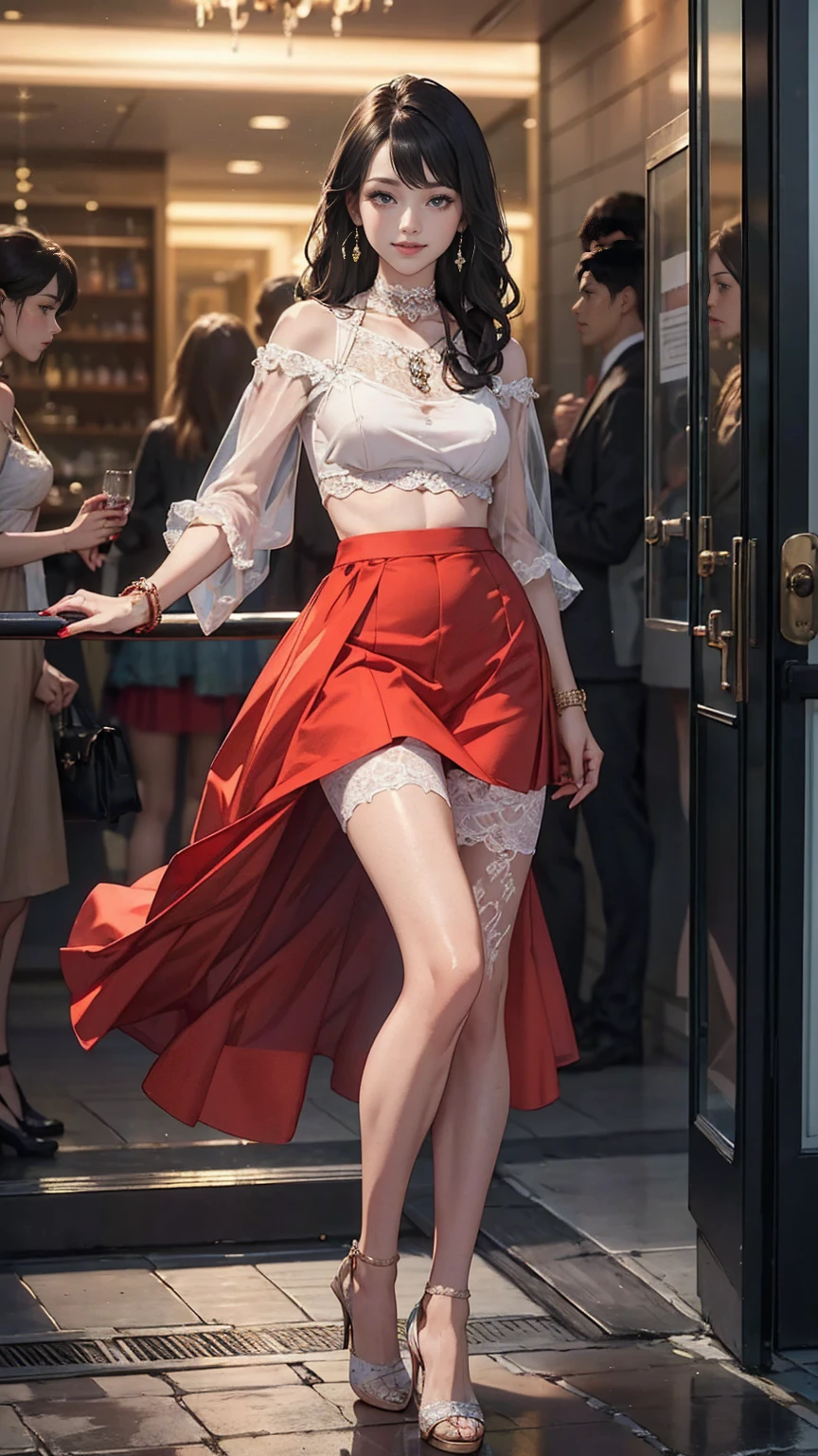 ((最high quality, 8K, masterpiece: 1.3, Ultra HD, high quality, 最high quality, High resolution, realism)) 、25 year old white woman、brunette、blue eyes、long hair、straight hair、Tie up your hair、smile、Slender but well-proportioned muscular body、I don&#39;t want my head to disappear from the screen.、Wearing red nail polish、I have a peticure、See-through tops((see through))I'm wearing、My abs are cracked、ヘソがI can see it、mini length((flare skirt))((see through))wearing a skirt、wearing high heels、((violently))I&#39;m punching my chest、smile、((made of lace))I&#39;m wearing a choker with a pendant top、I&#39;m wearing earrings、Wearing accessories on your wrist、I&#39;m in front of a high-end brand&#39;s show window、wearing high heels、nipple((Transparent))I can see it