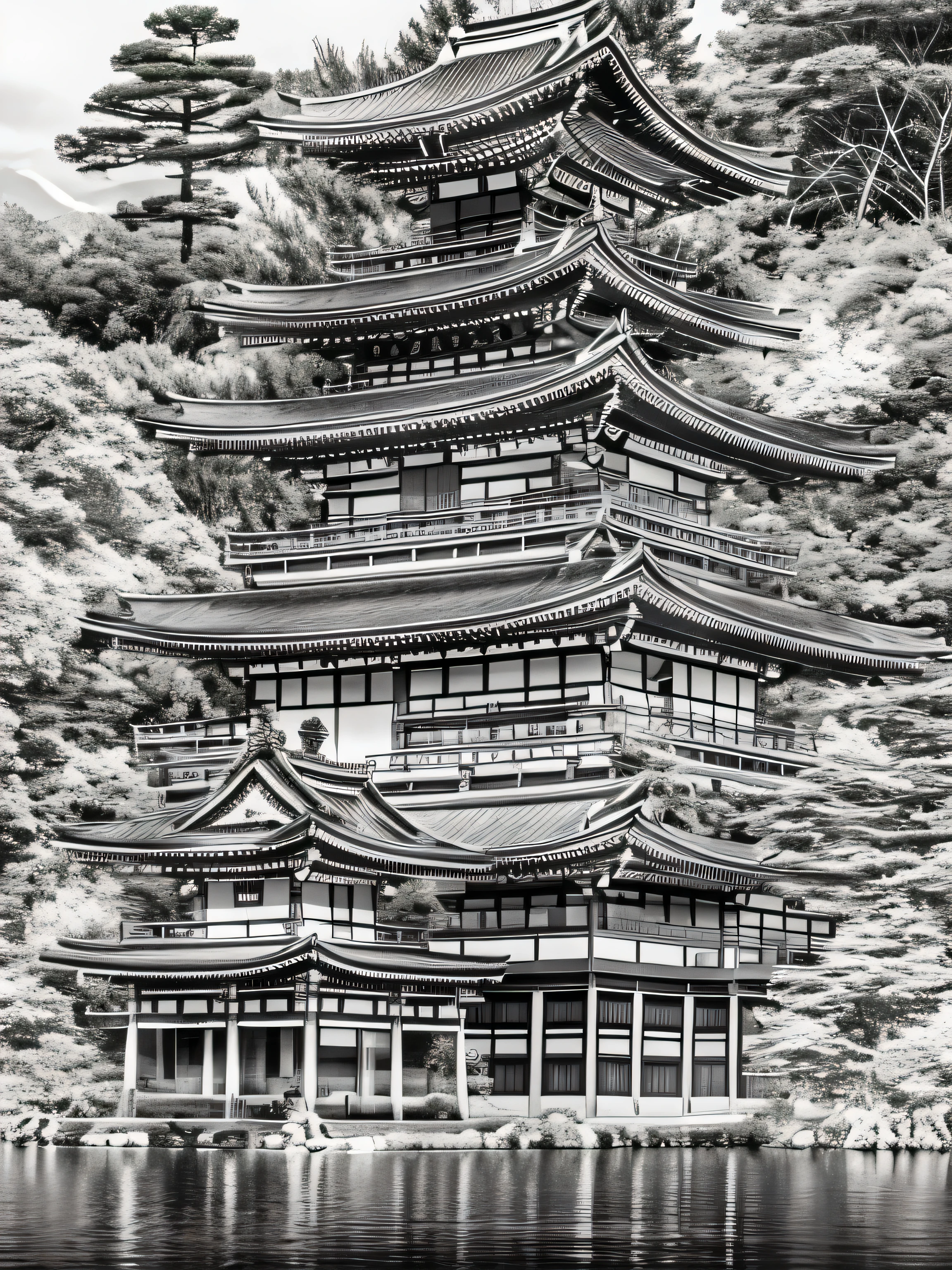 ((Kinkakuji Temple、Japanese temple on the lake, Draw a picture with a pencil sketch，Flat black and white sketch，Realistic sketch))，(highest quality, master piece:1,1), The best improvisation, sensitivity, Detail view, grotesque, intricate details, horrifying, (aesthetics), surreal, insanely detailed,