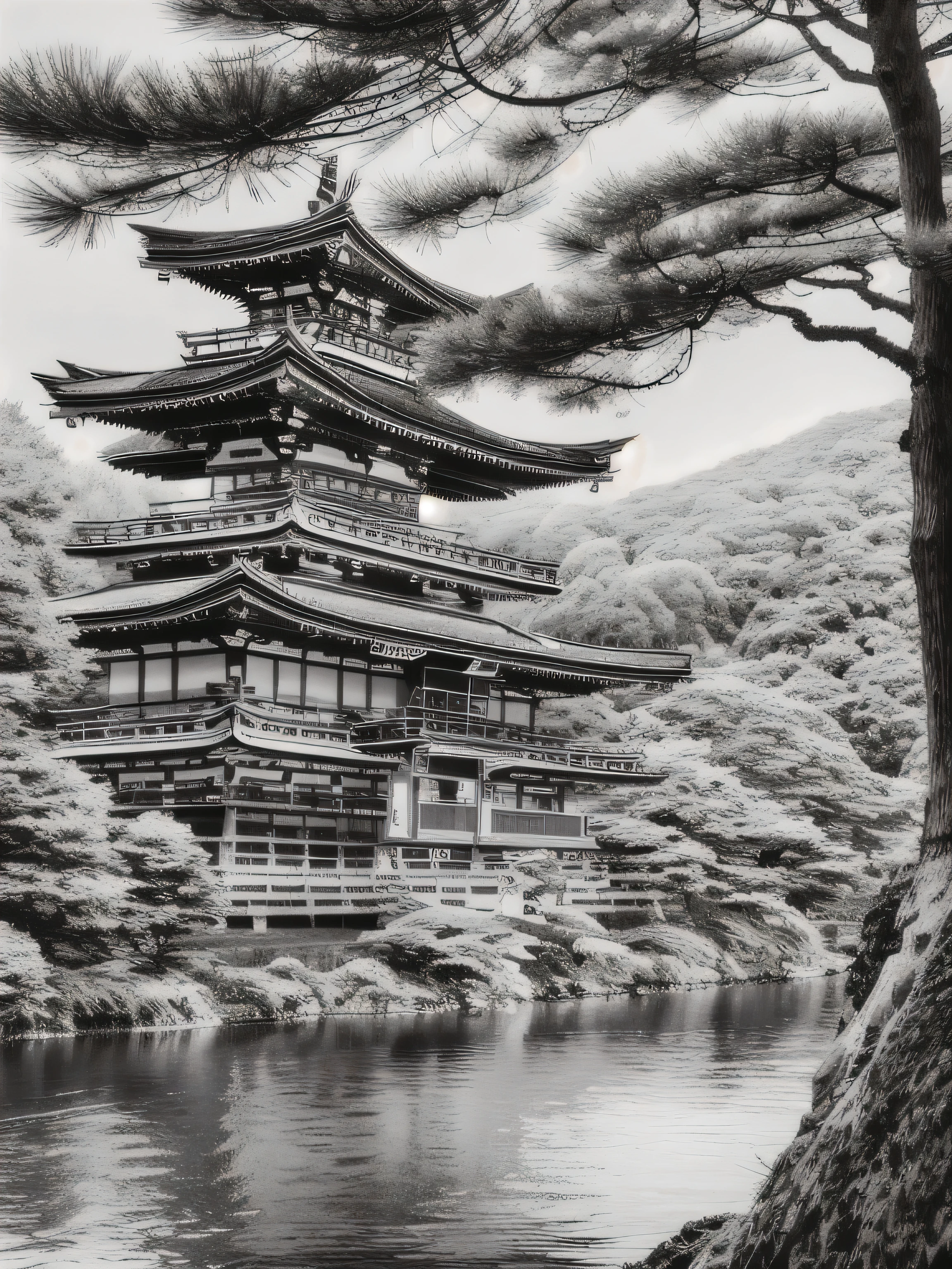 ((Kinkakuji Temple、Japanese temple on the lake, Draw a picture with a pencil sketch，Flat black and white sketch，Realistic sketch))，(highest quality, master piece:1,1), The best improvisation, sensitivity, Detail view, grotesque, intricate details, horrifying, (aesthetics), surreal, insanely detailed,