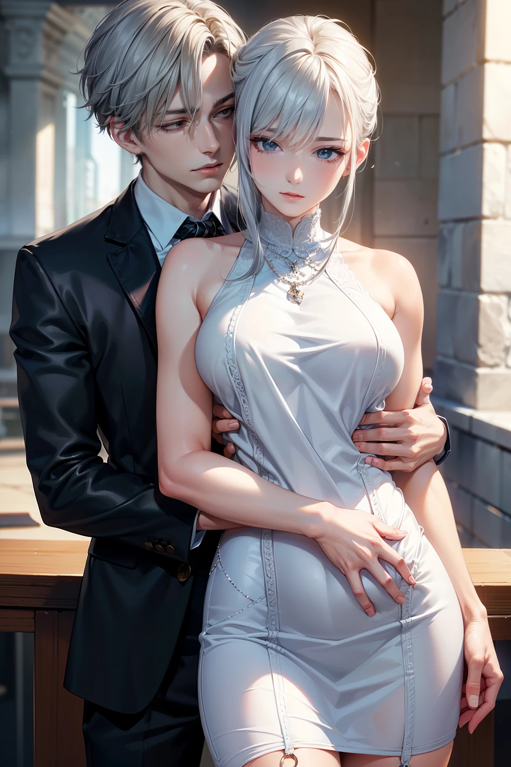 masterpiece, highest quality, High resolution, super detailed, perfect anatomy, detailed face, fine eyes, ((1 girl、1 boy)), a boy hugs a girl, hetero, (boy,grab from behind:1.5), silver hair