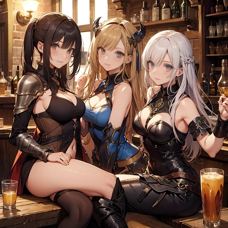 A group of female medieval fantasy adventurers, (in tavern), various hair styles, harem, night, details face, seducing, sleeveless, armor, armpits,