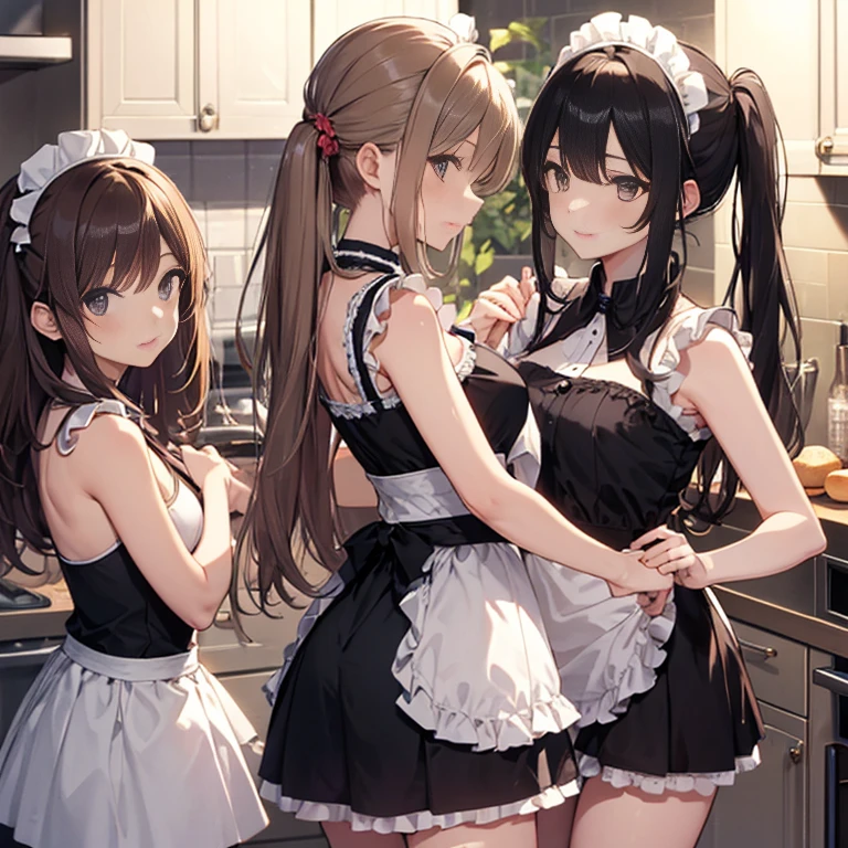 A group of maids, (in kitchen), various hair styles, harem, wearing maid clothes, night, details face, short skirt, seducing, sleeveless, armpits
