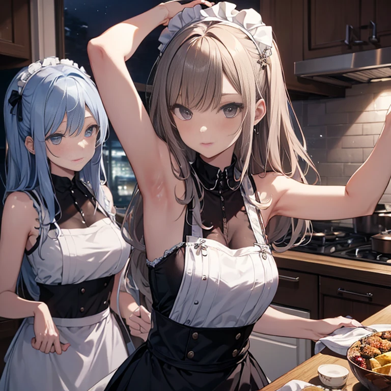 A group of maids, (in kitchen), various hair styles, harem, wearing maid clothes, night, details face, short skirt, seducing, sleeveless, armpits