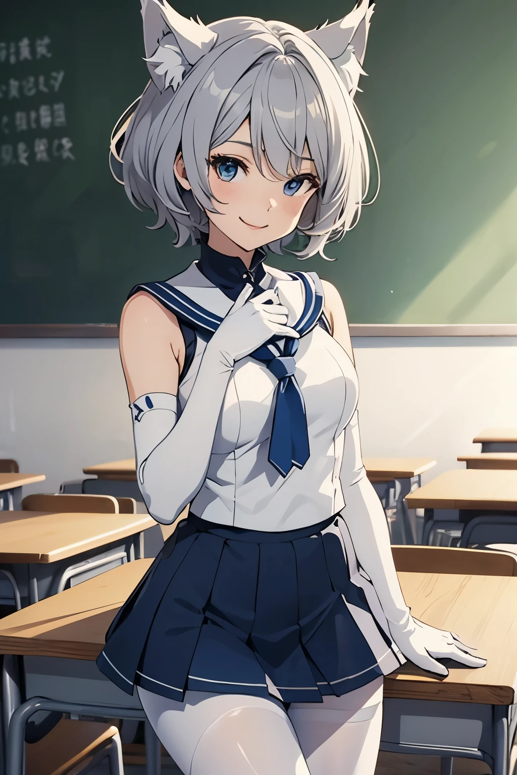 table top　 best image quality　wonderful　high detail　One Young Woman（（adult））anime style　white sailor suit（sleeveless）　navy blue mini skirt　white long gloves（elbow gloves）　white pantyhose（Plain color）　wolf ears　short hair（（shortcut）（gray hair）（curly hair）（fluffy））　smile（Happy）　eye color is blue　background（classroom）