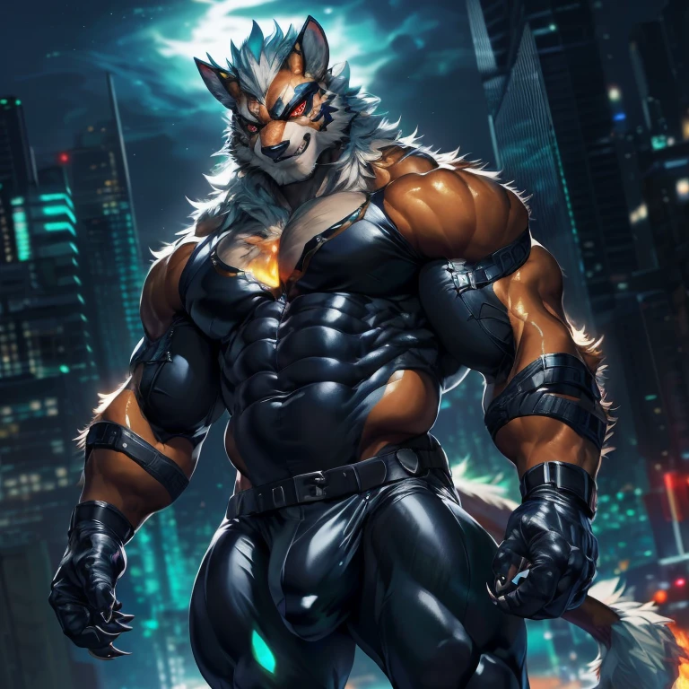 2d, masterpiece, best quality, 4k, 8k, ultra highres, raw photo in HDR, sharp focus, photo realism ,real life like, in a night city, detailed background, solo, (gloves, mask, skin tight), (by null-ghost, by thebigslick, by darkgem, by honovy), Leomon anthro, male focus, perfect red eyes, lighting eyes, (luminescent eyes) full body, Whole Body, (tight clothing), sexy, Full View, Villain, Bad Guy, Evil, All his clothes are black, smirk, crazy, claws, fire, bedroom eyes, penis shaped bulge, chiseled abs.