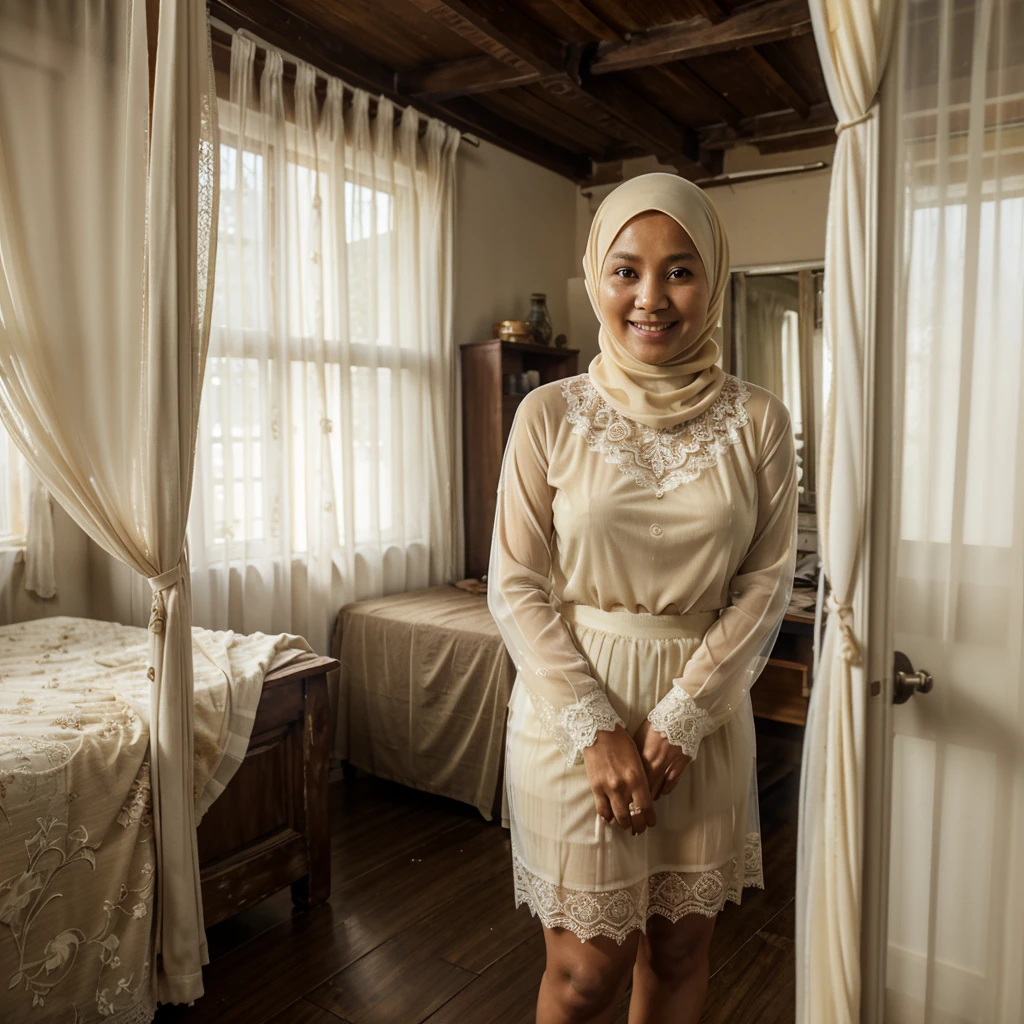 A 52 years old Indonesian woman in cream color hijab, wearing see-through long sleeve cream color lace shirt, wearing very short see-through cream color lace skirt, skirtlift, villager, poor woman, darker skin, curvier body, short body, smiling and standing alone in a bedroom in an old wooden house, look to the viewer with eye close