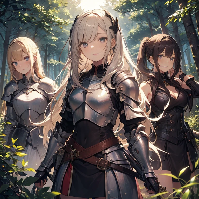 A group of young female knight, (in forest), various hair styles, harem, wearing armored clothes, metal armor, night, details face, , short skirt, seducing, sword, sleeveless , showing armpits, night, starry night