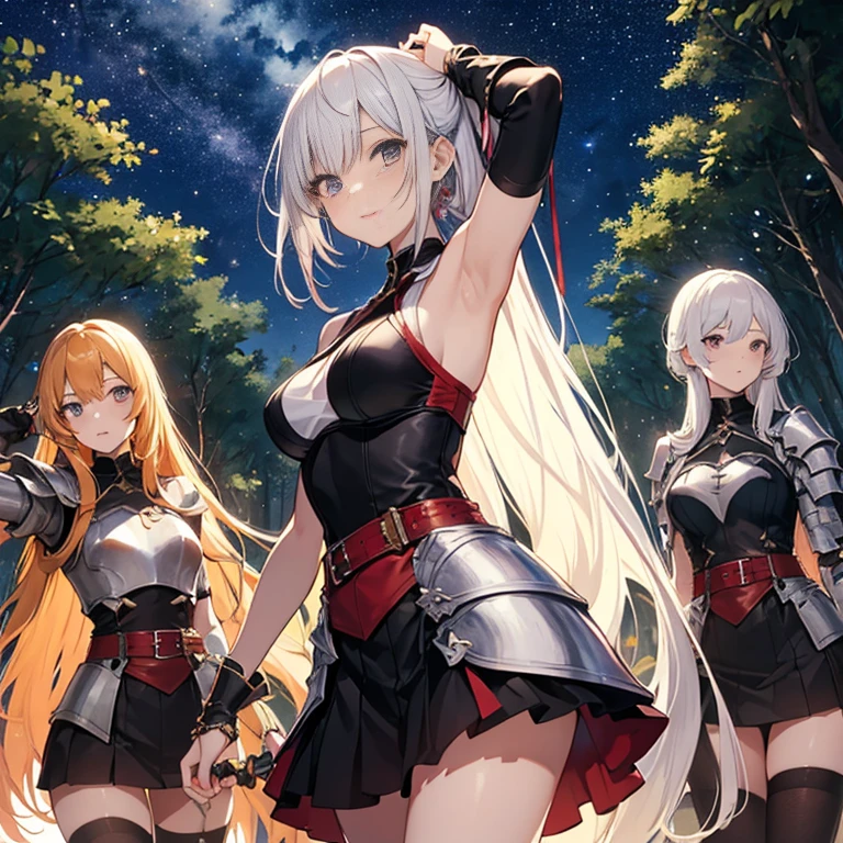 A group of young female knight, (in forest), various hair styles, harem, wearing armored clothes, metal armor, night, details face, , short skirt, seducing, sword, sleeveless , showing armpits, night, starry night 