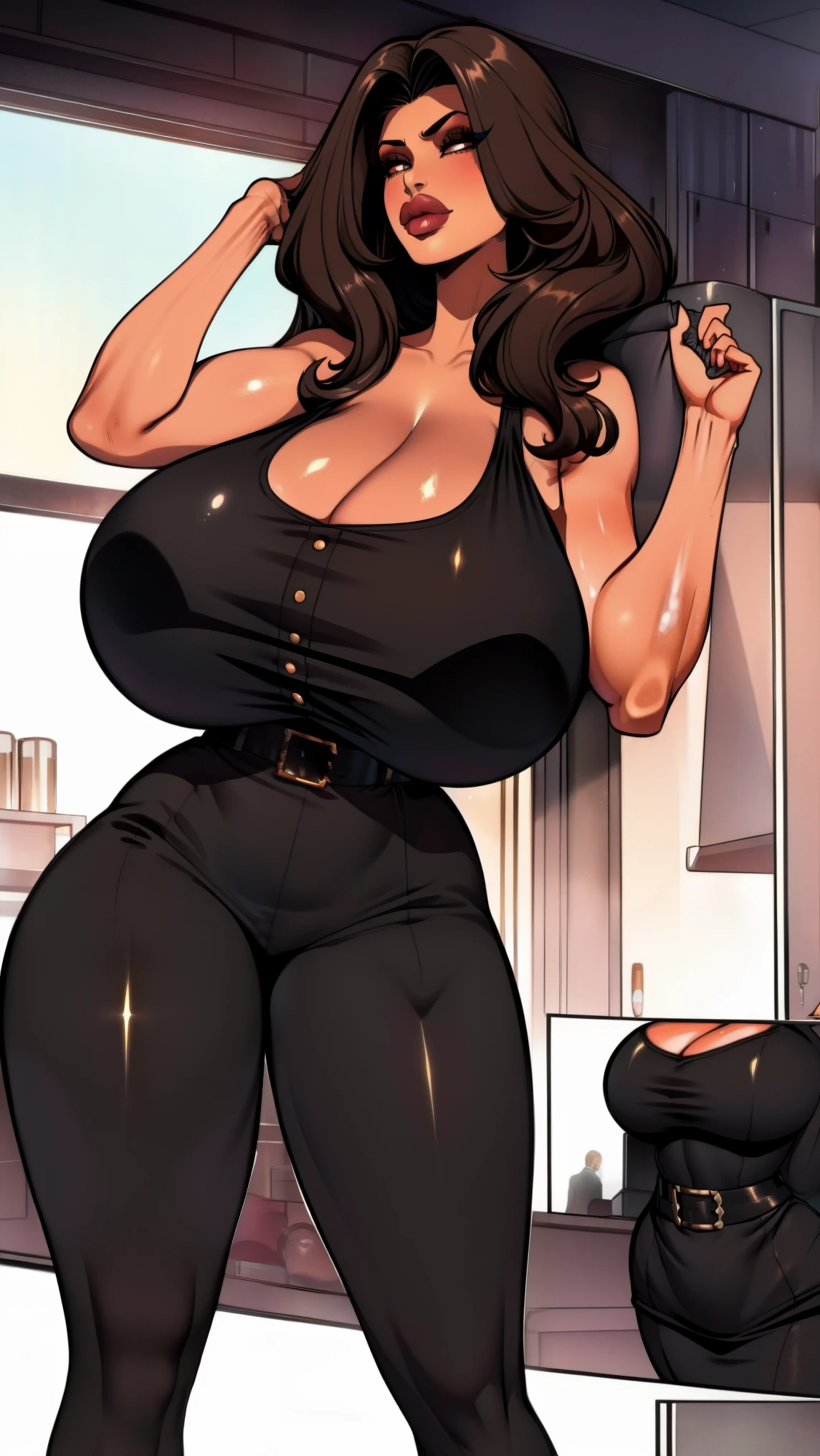 reference sheet, character sheet of Salma Hayek, milf, mature, long brown hair, brunette, bangs, long hairstyle, high cheekbones, glossy lipstick, 90s glamour makeup, big lips, full lips, pouting, pouting lips, tall, curvaceous, small waist, big hips, hip dips, large breasts, big breasts, sagging breasts, long legs, black women’s suit, blazer, button shirt, Best quality, 8k, Masterpiece, realistic, photorealistic, nagatiti(Gigantic Breasts:1.6)(hanging breasts: 1.5)