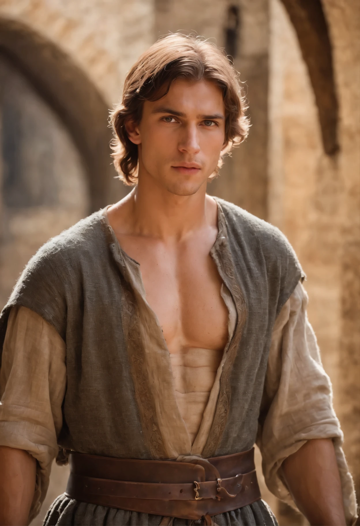 A photo of a super muscular poor young man from the medieval era, chest so big that they barely fit into his medieval clothes