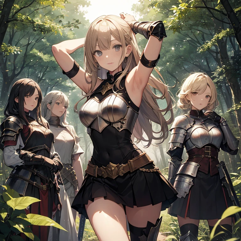 A group of young female knight, (in forest), various hair styles, harem, wearing armored clothes, metal armor, night, details face, , short skirt, seducing, sword, sleeveless , showing armpits, night, starry night