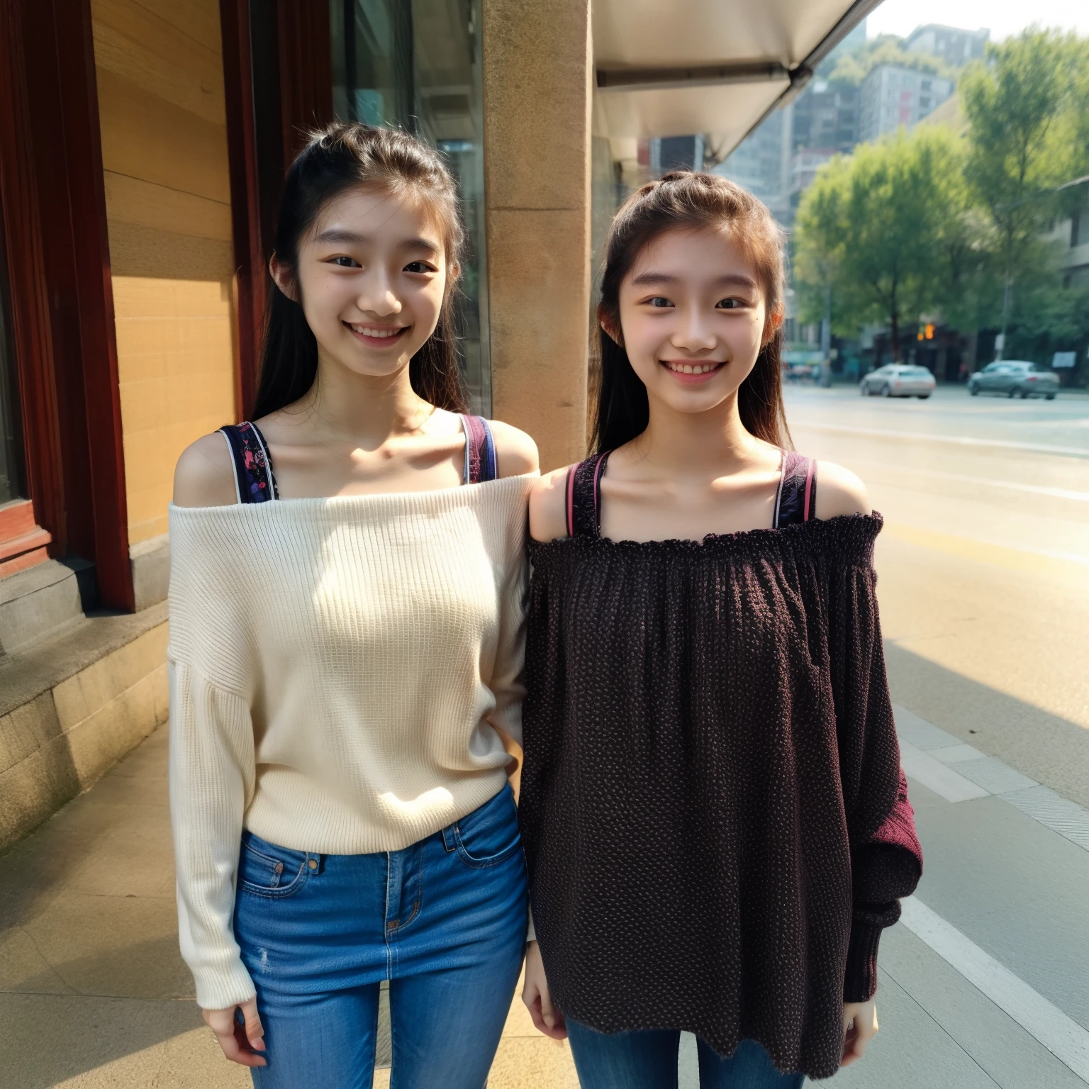 Identical twin sisters standing side by side, 16 years old, bangs, Smile、off-the-shoulder top