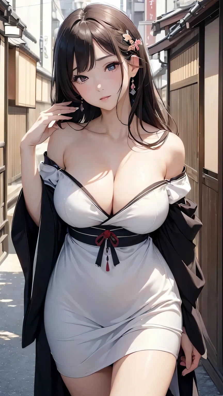 (((masterpiece))),(((High resolution)))、(((8K)))、(((perfect face)))、(((beauty of japan)))、40 years old、(((beautiful face))), (((off shoulder dress))), embarrassed look, look at the camera, (thighs)、top quality eyes, detailed texture, look at the camera, standing, big tits, plump