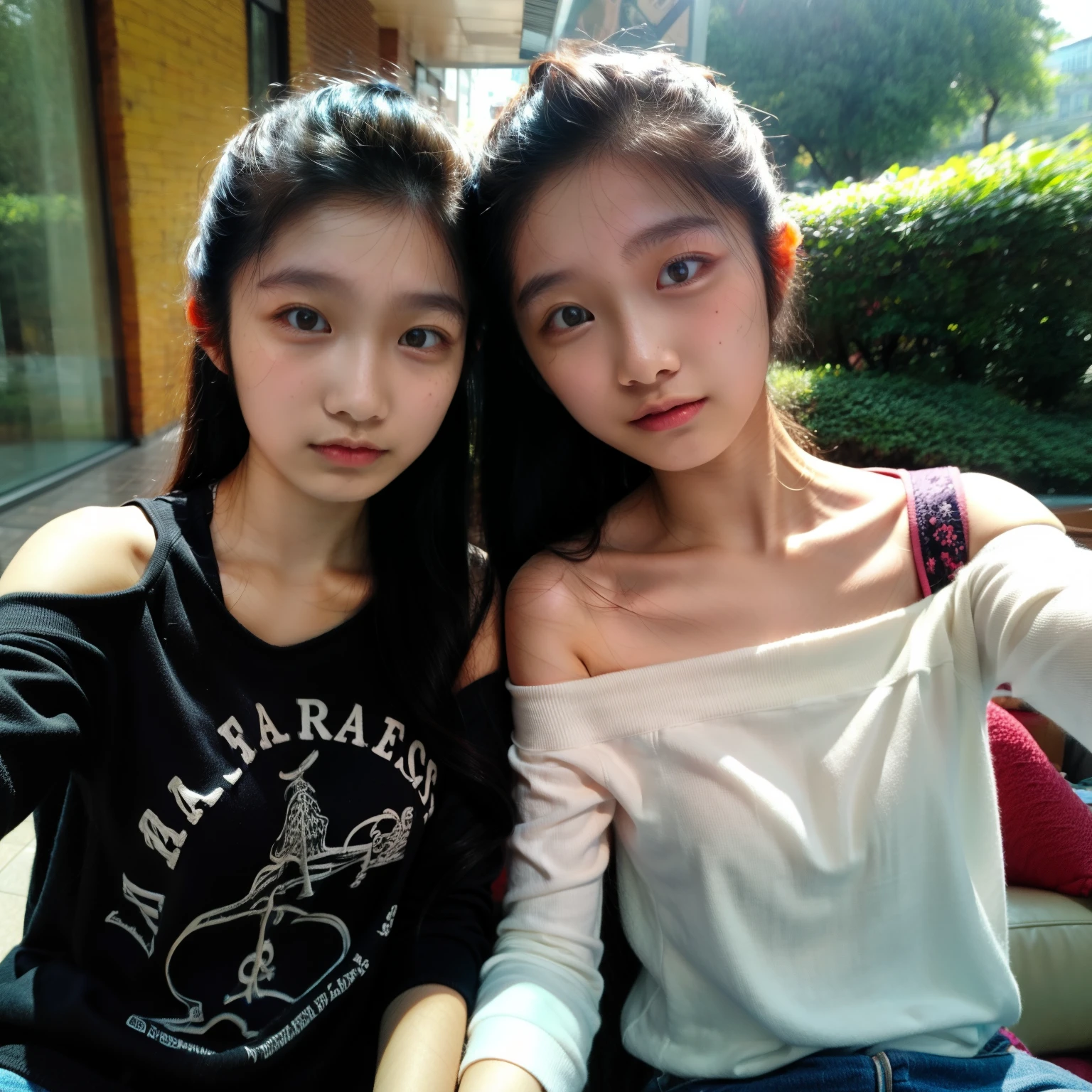 Identical twin sisters taking a selfie, 16 years old, bangs, serious expression、off-the-shoulder top