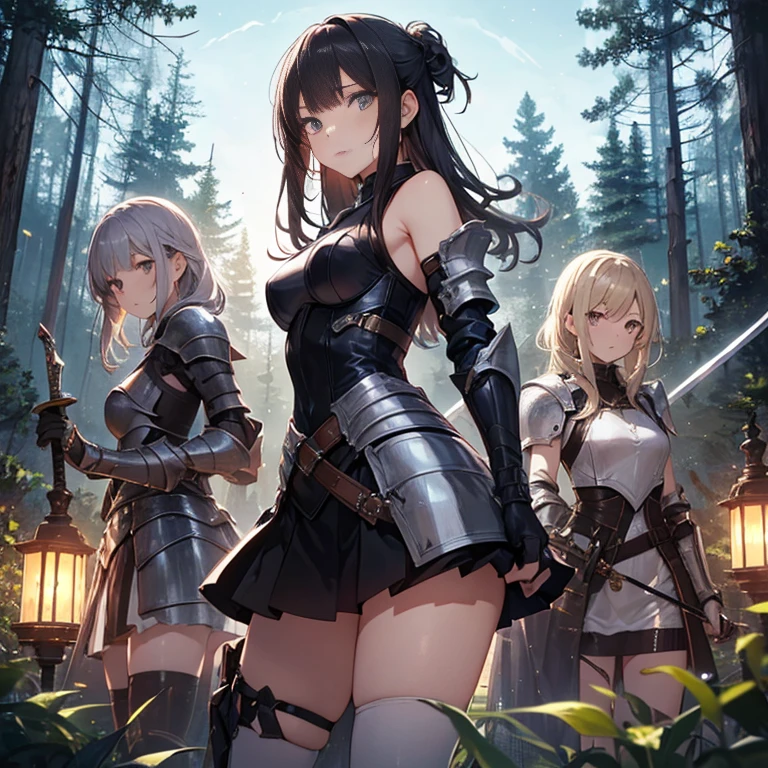 A group of young female knight, (in forest), various hair styles, harem, wearing armored clothes, metal armor, night, details face, , short skirt, seducing, sword, sleeveless , showing armpits, night, starry night 