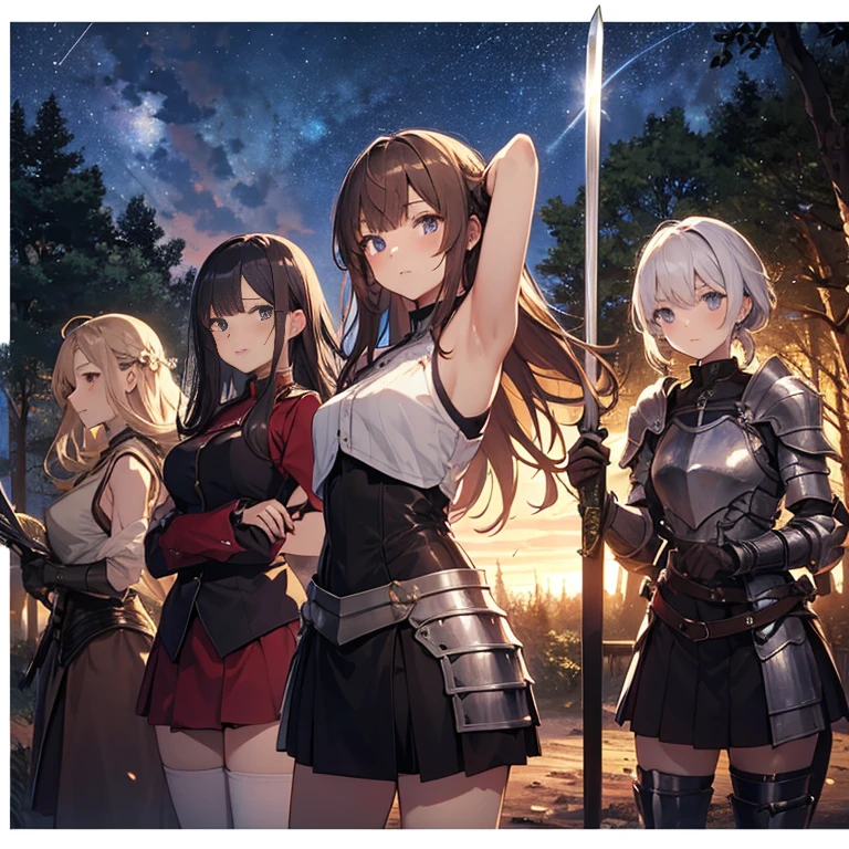A group of young female knight, (in forest), various hair styles, harem, wearing armored clothes, metal armor, night, details face, , short skirt, seducing, sword, sleeveless , showing armpits, night, starry night