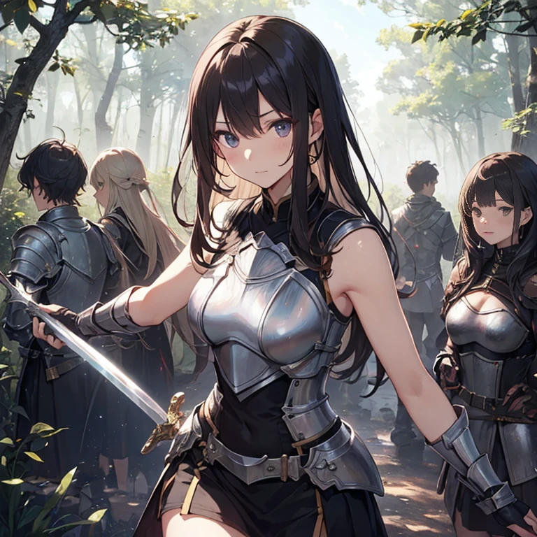 A group of young female knight, (in forest), various hair styles, harem, wearing armored clothes, metal armor, night, details face, , short skirt, seducing, sword, sleeveless , showing armpits, night, starry night 