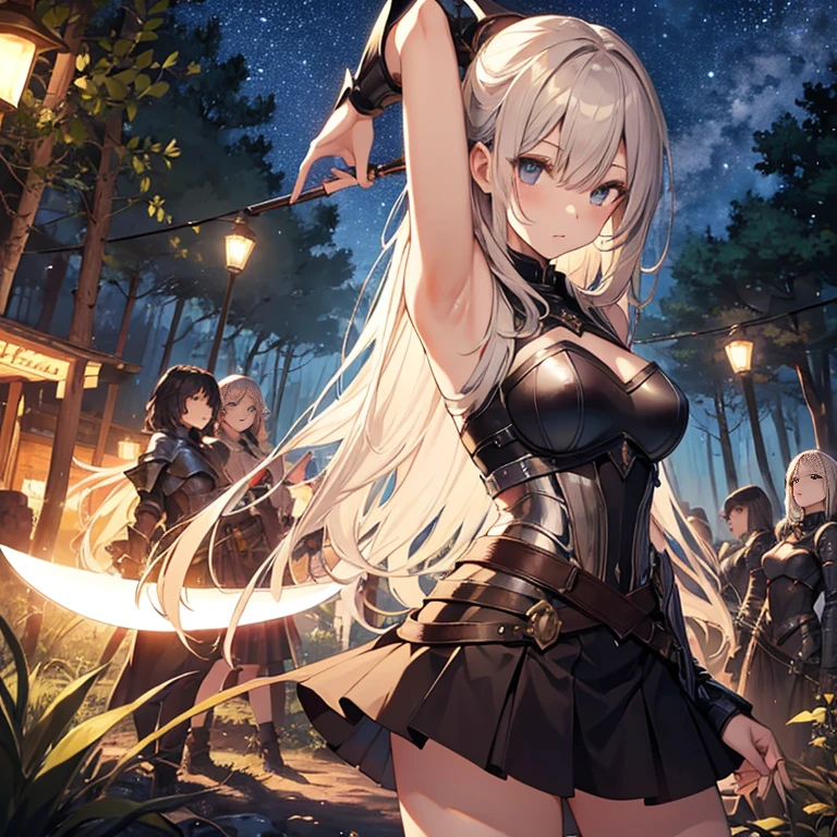 A group of young female knight, (in forest), various hair styles, harem, wearing armored clothes, metal armor, night, details face, , short skirt, seducing, sword, sleeveless , showing armpits, night, starry night