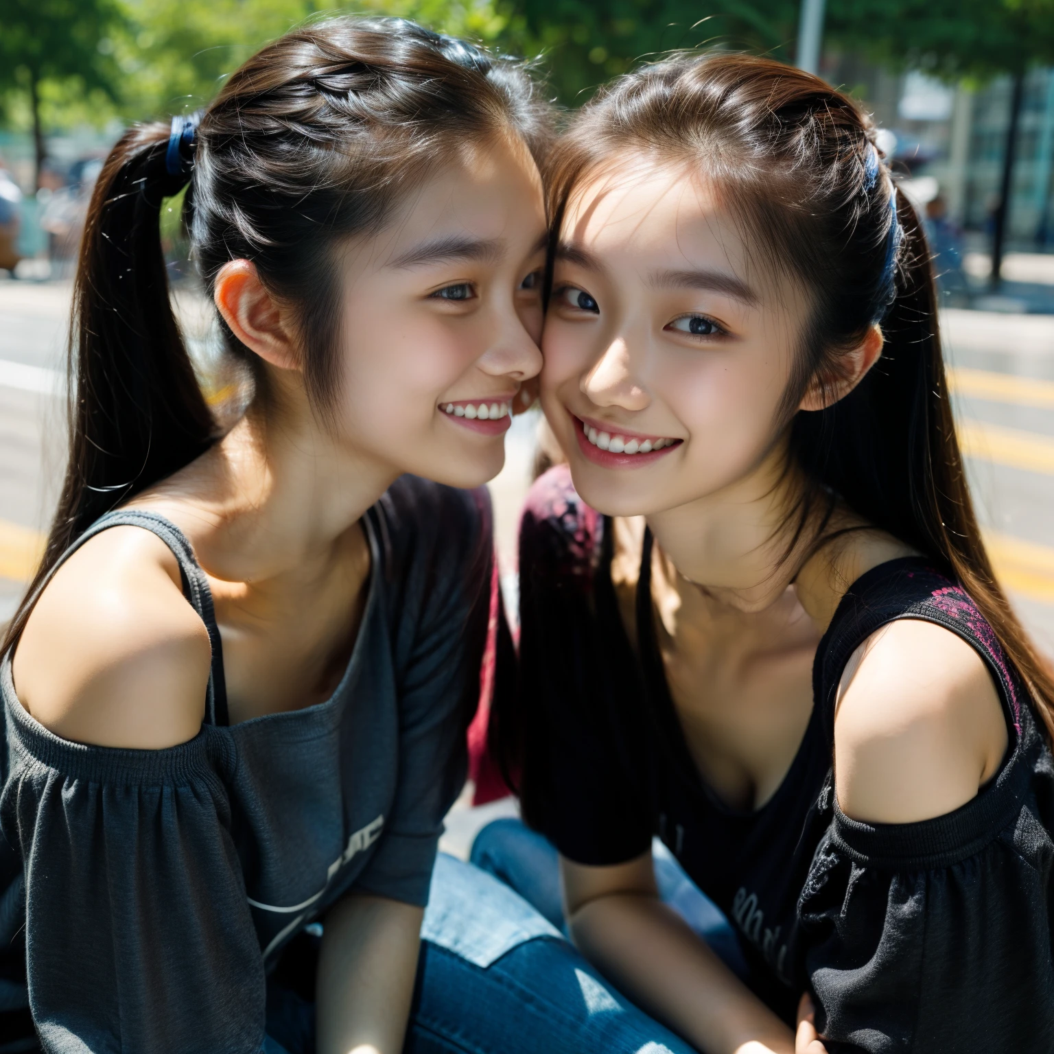 Identical twin sisters kissing, 16 years old, bangs, Smile、off-the-shoulder top