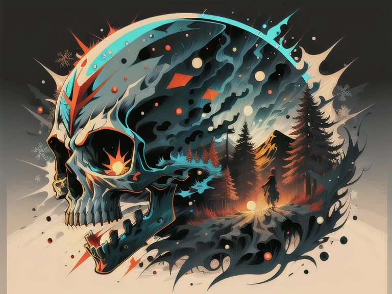 skull, vector art,j-horror, black background, joyful, lens flare abuse, Yuki Katsura, subalpine meadows, Walking Catfish, Christmas Red