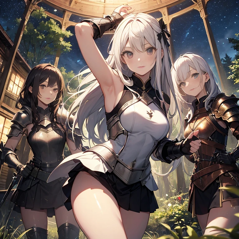 A group of young female knight, (in forest), various hair styles, harem, wearing armored clothes, metal armor, night, details face, , short skirt, seducing, sword, sleeveless , showing armpits, night, starry night 