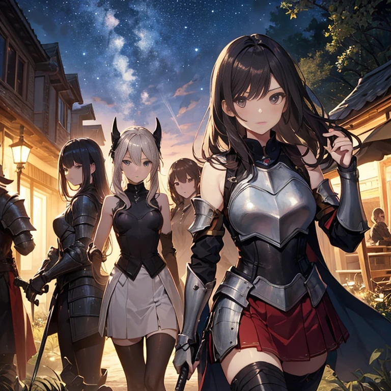 A group of young female knight, (in forest), various hair styles, harem, wearing armored clothes, metal armor, night, details face, , short skirt, seducing, sword, sleeveless , showing armpits, night, starry night